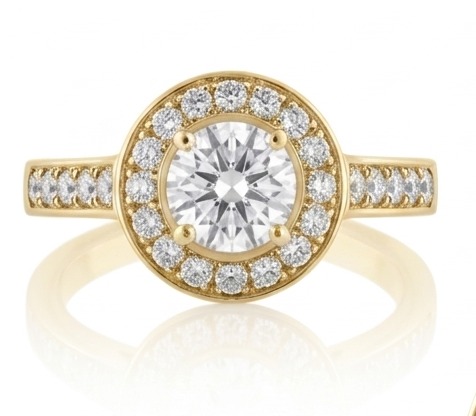 Bague de fiançailles solitaire entourage diamant en or jaune 18 carats — vue de face