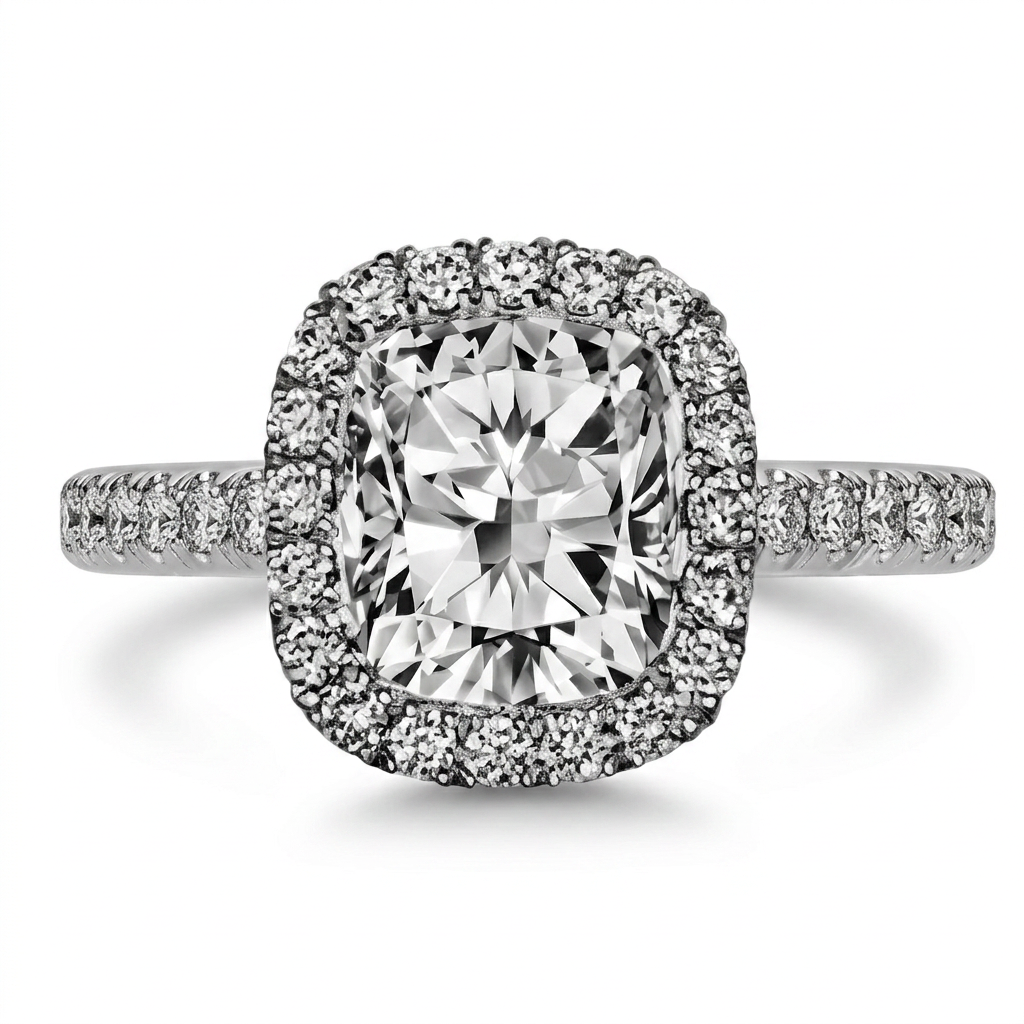 Bague de fiançailles cushion halo sertie de diamants en or gris 18 carats — vue de face