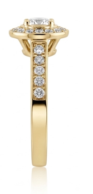 Bague de fiançailles solitaire entourage diamant en or jaune 18 carats — profil